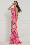Hot Pink Sheath Cowl Neck Floral Wedding Guest Dress
