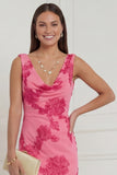 Hot Pink Sheath Cowl Neck Floral Wedding Guest Dress