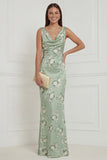 Sage Green Floral Cowl Neck Sheath Backless Wedding Guest Dress
