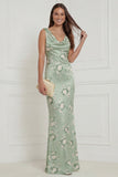 Sage Green Floral Cowl Neck Sheath Backless Wedding Guest Dress