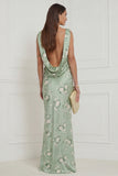 Sage Green Floral Cowl Neck Sheath Backless Wedding Guest Dress