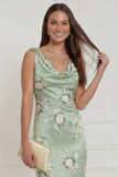 Sage Green Floral Cowl Neck Sheath Backless Wedding Guest Dress