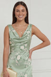 Sage Green Floral Cowl Neck Sheath Backless Wedding Guest Dress