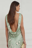 Sage Green Floral Cowl Neck Sheath Backless Wedding Guest Dress