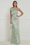 One Shoulder Mermaid Sage Green Floral Long Wedding Guest Dress with Bow