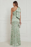 One Shoulder Mermaid Sage Green Floral Long Wedding Guest Dress with Bow