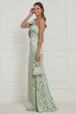 One Shoulder Mermaid Sage Green Floral Long Wedding Guest Dress with Bow