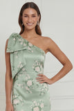 One Shoulder Mermaid Sage Green Floral Long Wedding Guest Dress with Bow