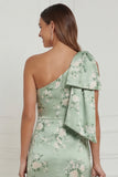 One Shoulder Mermaid Sage Green Floral Long Wedding Guest Dress with Bow