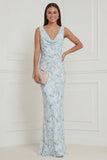 Blue White Flower Mermaid Cowl Neck Wedding Guest Dress