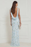 Blue White Flower Mermaid Cowl Neck Wedding Guest Dress