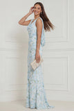 Blue White Flower Mermaid Cowl Neck Wedding Guest Dress