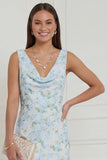 Blue White Flower Mermaid Cowl Neck Wedding Guest Dress