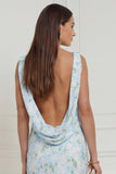Blue White Flower Mermaid Cowl Neck Wedding Guest Dress