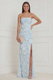 Strapless Mermaid Blue White Flower Corset Wedding Guest Dress with Slit