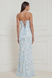 Strapless Mermaid Blue White Flower Corset Wedding Guest Dress with Slit