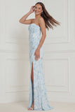 Strapless Mermaid Blue White Flower Corset Wedding Guest Dress with Slit