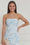 Strapless Mermaid Blue White Flower Corset Wedding Guest Dress with Slit
