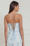 Strapless Mermaid Blue White Flower Corset Wedding Guest Dress with Slit