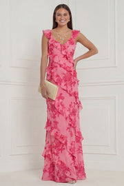Hot Pink Floral A Line Ruffled Long Wedding Guest Dress