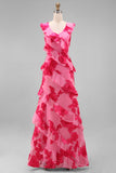Hot Pink Floral A Line Ruffled Long Wedding Guest Dress