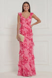 Hot Pink Floral A Line Ruffled Long Wedding Guest Dress