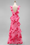 Hot Pink Floral A Line Ruffled Long Wedding Guest Dress