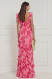 Hot Pink Floral A Line Ruffled Long Wedding Guest Dress