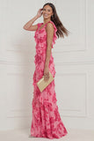 Hot Pink Floral A Line Ruffled Long Wedding Guest Dress