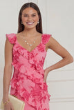 Hot Pink Floral A Line Ruffled Long Wedding Guest Dress