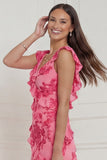 Hot Pink Floral A Line Ruffled Long Wedding Guest Dress