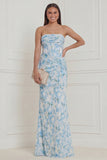 Blue White Flower Corset Mermaid Strapless Wedding Guest Dress