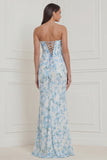 Blue White Flower Corset Mermaid Strapless Wedding Guest Dress