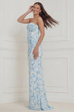 Blue White Flower Corset Mermaid Strapless Wedding Guest Dress