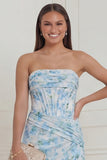 Blue White Flower Corset Mermaid Strapless Wedding Guest Dress
