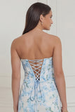 Blue White Flower Corset Mermaid Strapless Wedding Guest Dress