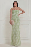 Sage Green Floral Strapless Mermaid Corset Wedding Guest Dress with Slit