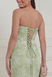 Sage Green Floral Strapless Mermaid Corset Wedding Guest Dress with Slit