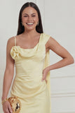 Daffodil Sheath Satin Asymmetrical Neck Wedding Guest Dress with Sash