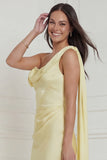 Daffodil Sheath Satin Asymmetrical Neck Wedding Guest Dress with Sash