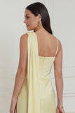 Daffodil Sheath Satin Asymmetrical Neck Wedding Guest Dress with Sash