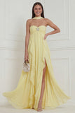 A Line Daffodil Strapless Ruched Ruffled Wedding Guest Dress with Slit