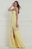 A Line Daffodil Strapless Ruched Ruffled Wedding Guest Dress with Slit