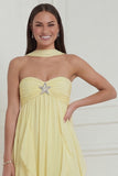 A Line Daffodil Strapless Ruched Ruffled Wedding Guest Dress with Slit