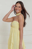 A Line Daffodil Strapless Ruched Ruffled Wedding Guest Dress with Slit