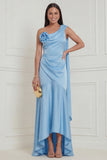 Sky Blue One Shoulder 3D Flower Wedding Guest Dress with Sash
