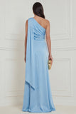 Sky Blue One Shoulder 3D Flower Wedding Guest Dress with Sash