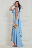 Sky Blue One Shoulder 3D Flower Wedding Guest Dress with Sash
