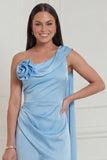 Sky Blue One Shoulder 3D Flower Wedding Guest Dress with Sash