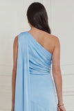 Sky Blue One Shoulder 3D Flower Wedding Guest Dress with Sash